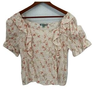 Good Luck Gem Blouse Women L Multicolored Beige Floral Ruffle Crop Cottage Boho